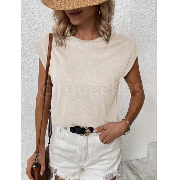 Beige Crew Neck Muscle Tee Top Shirt Cap Sleeve, Round Neck - Picture 4 of 11